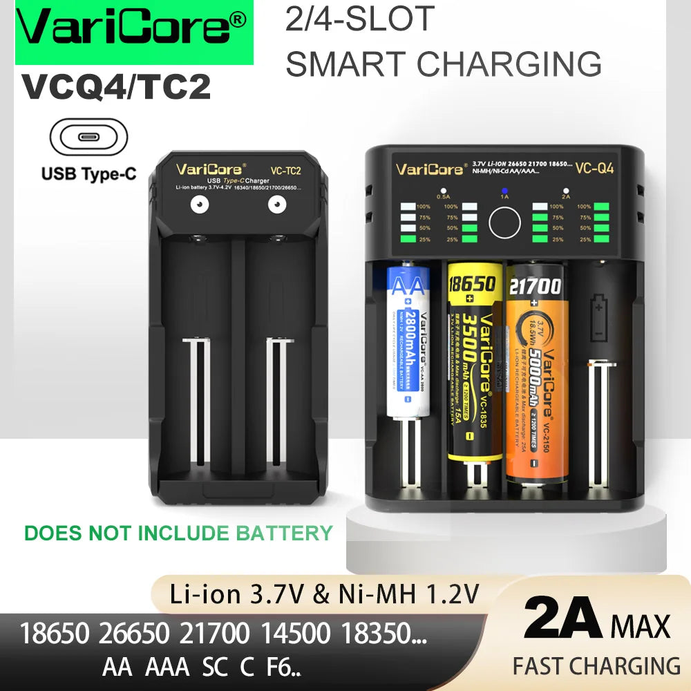 VCQ4 TC2 Intelligent Battery Charger Portable for 3.7V Lithium 18650 26650 21700 18500 18350 1.2V NI-MH Ni-Cd AA AAA